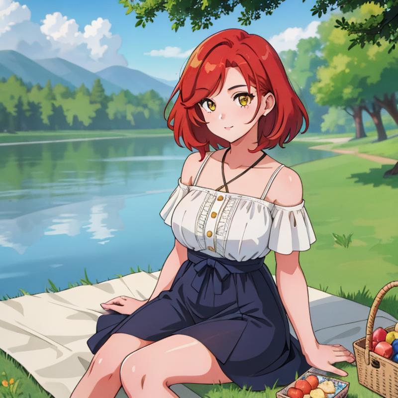 00140-2299588987-1Girl, mature, American, redhead, medium hair, yellow eyes, sitting on a picnic blanket near a lake, elegant summer dress, happy.png